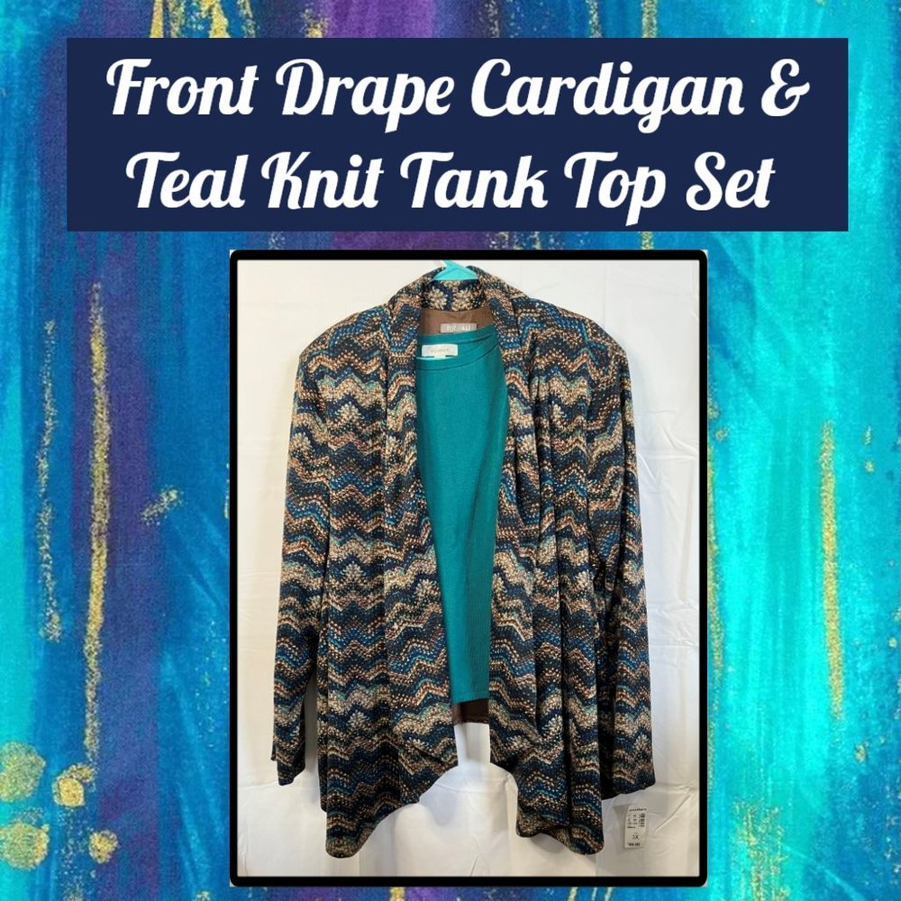 Front Drape Cardigan & Teal Knit Tank Top Set